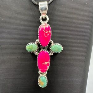 Pink Sea Sediment Jasper & Turquoise Necklace Pendant Sterling Silver 925